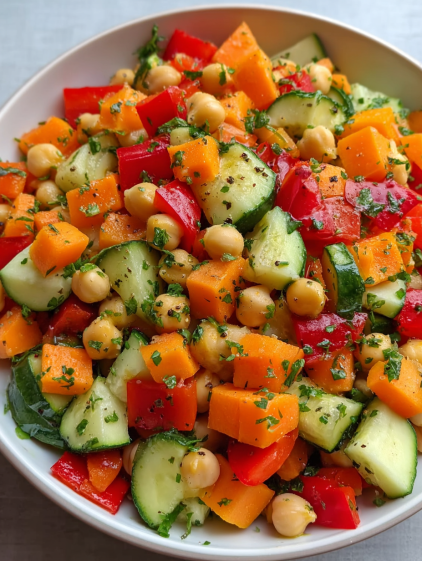 A bowl of vegetables including carrots, cucumbers, and chickpeas.