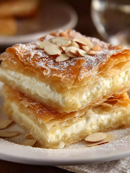 A stack of three cheesecake desserts.