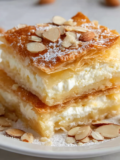 A stack of three cheesecake desserts with almonds on top.