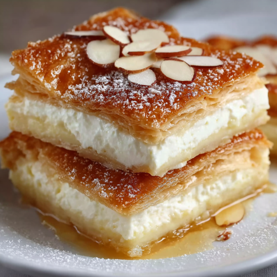 A stack of three cheesecake desserts.