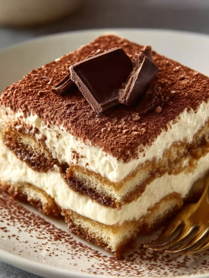 A slice of Tiramisu dessert with chocolate drizzled on top.