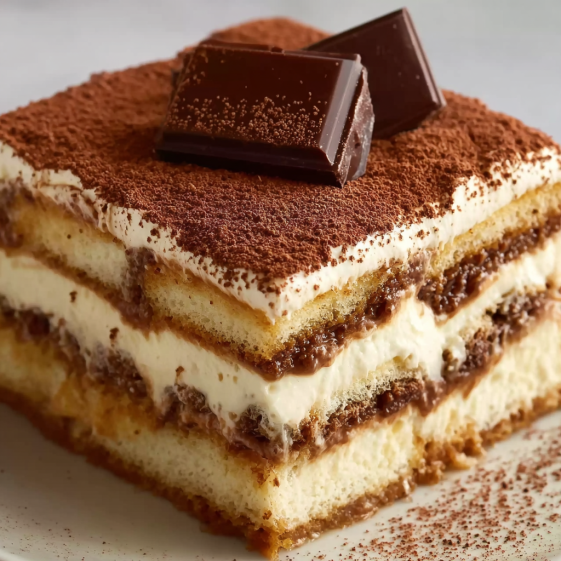 A slice of Tiramisu dessert with chocolate drizzled on top.