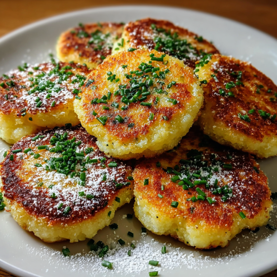 A plate of crispy Parmesan potato cakes.