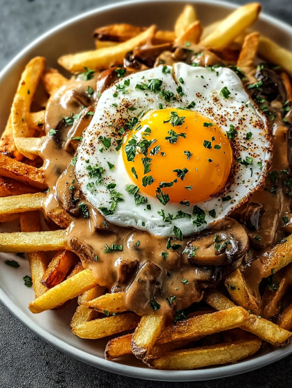 A plate of fries with a fried egg on top.