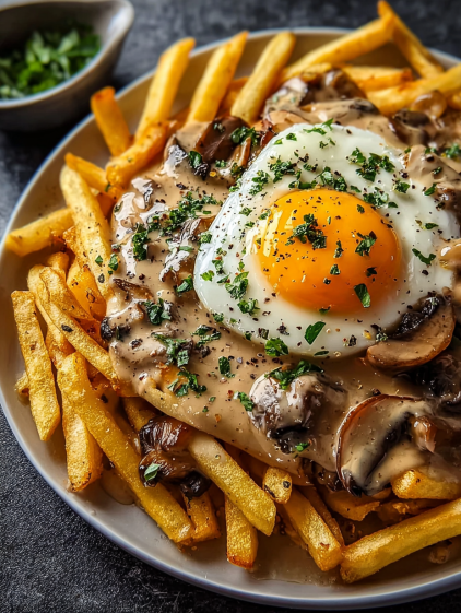 A plate of fries with a fried egg on top.