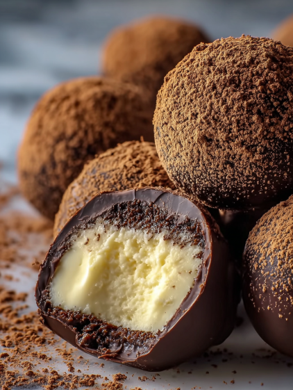 A close up of a chocolate truffle with a bite taken out of it.
