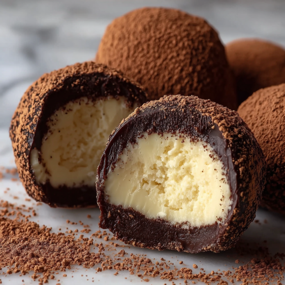 Chocolate truffles with white filling.