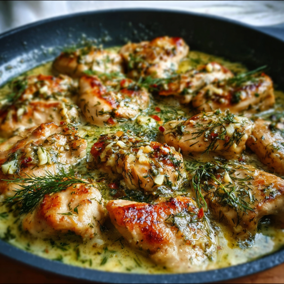 A pan of chicken with herbs and spices.
