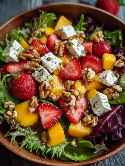 A salad with strawberries, walnuts, and cheese.