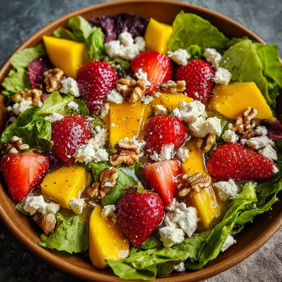 A bowl of salad with strawberries, nuts, and feta cheese.