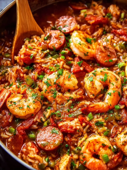 A close up of a dish of hearty Creole Jambalaya.