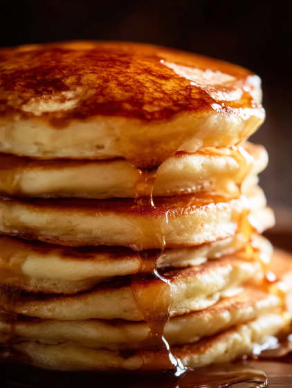 A stack of pancakes with syrup dripping off.