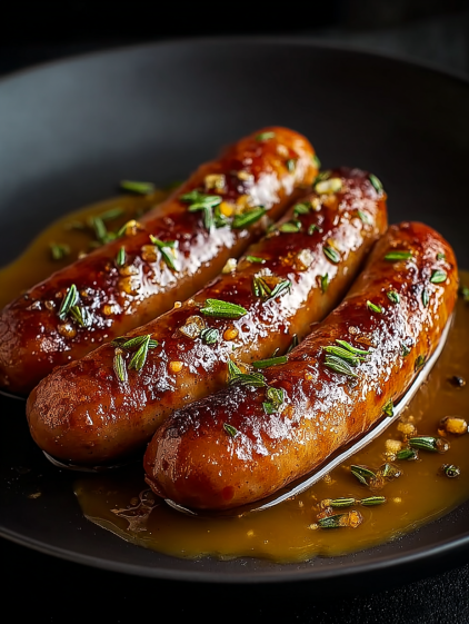 Two pieces of sausage with onions and mustard.