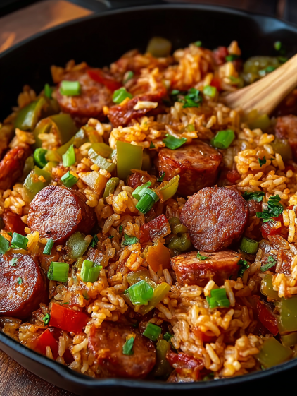 A bowl of rice with sausage and peppers.