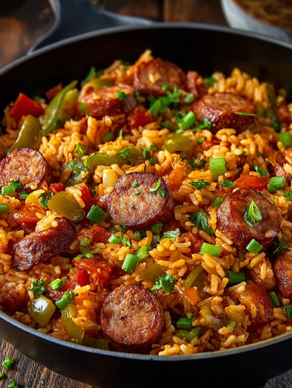 A bowl of rice with sausage and peppers.