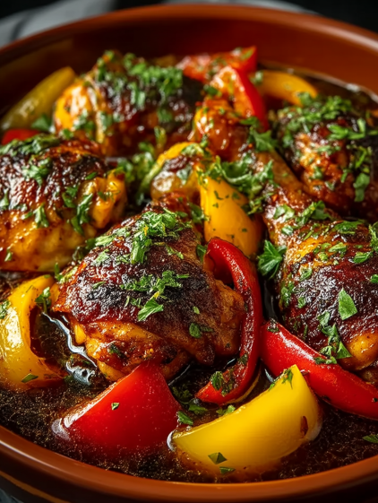 A bowl of food with chicken and peppers.