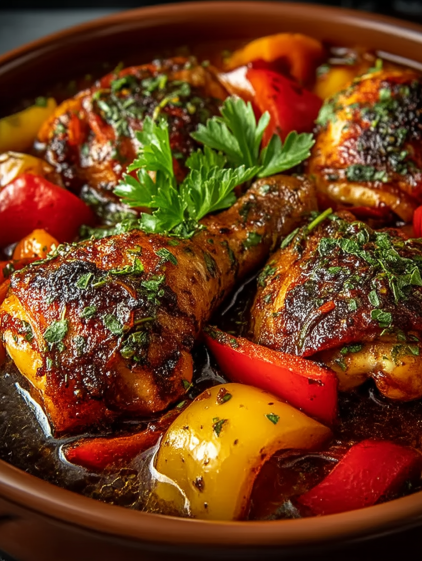 A bowl of food with chicken and peppers.