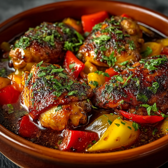 A bowl of food with chicken and peppers.