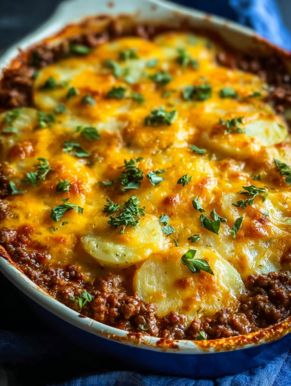 A dish with meat and potatoes.