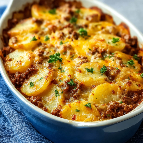A bowl of food with the words "Zapiekanka Hobo z Mielonym Mięsem i Ziemniakami – Szybka i Pyszna!