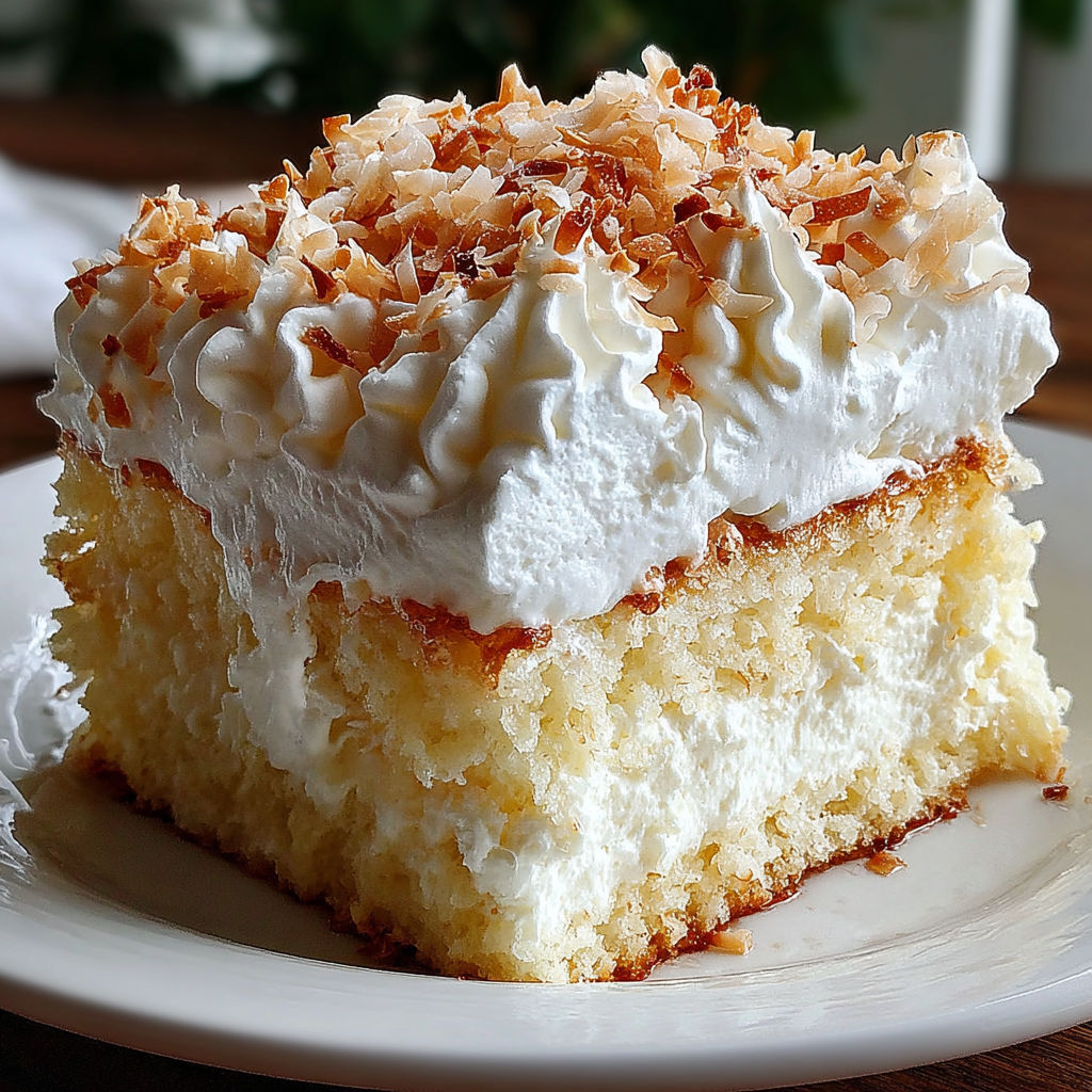 A slice of coconut cloud cake on a plate.