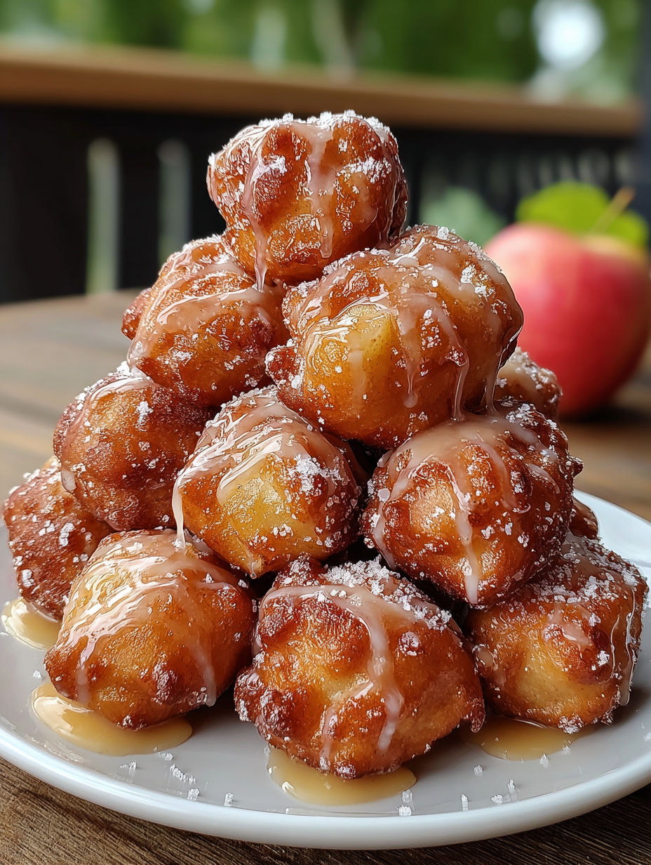 A stack of doughnuts with powdered sugar.