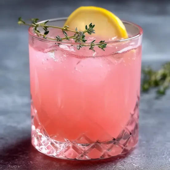 A glass of pink lemonade cocktail mix.