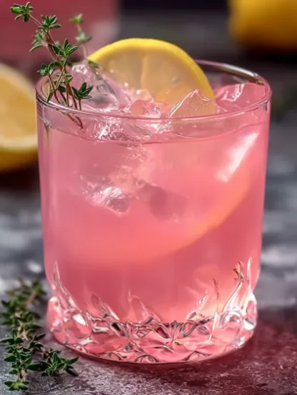 A glass of pink lemonade cocktail mix.
