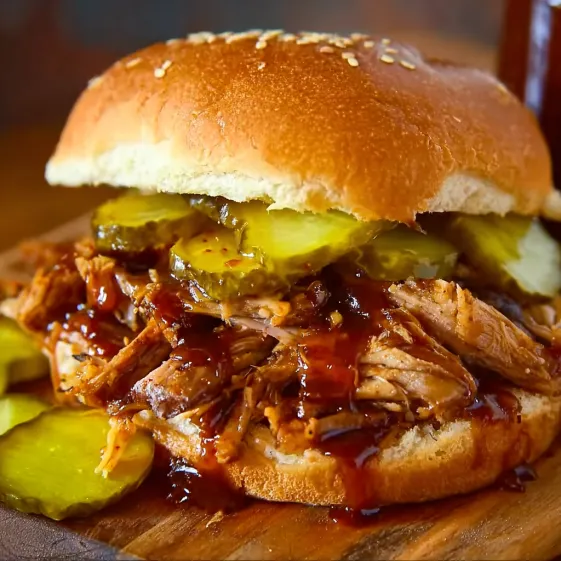 A close up of a pulled pork sandwich.