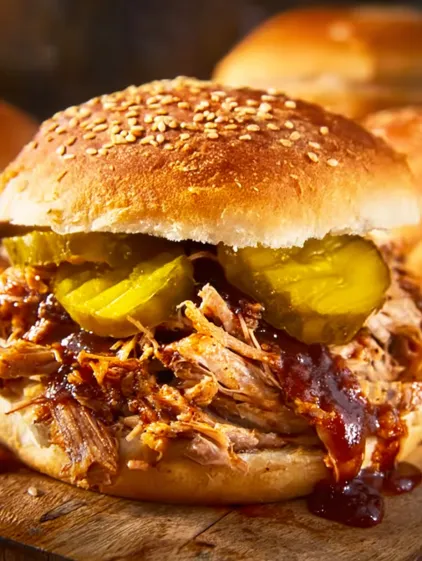 A close up of a pulled pork sandwich with pickles.