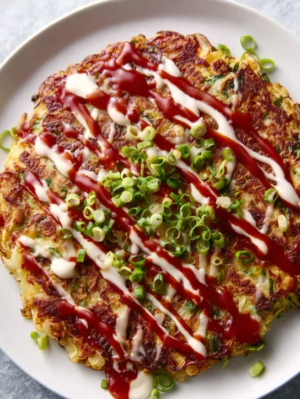 A plate of food with a red sauce drizzled over it.
