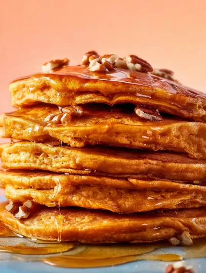 A stack of sweet potato buttermilk pancakes.