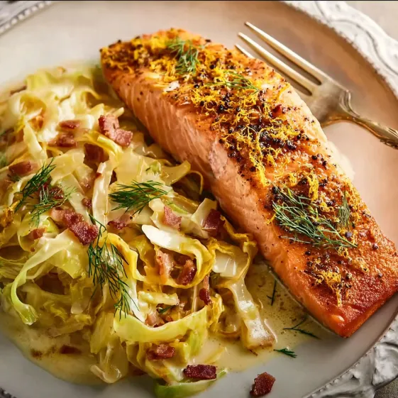 A plate of food with salmon, sauteed cabbage and bacon.
