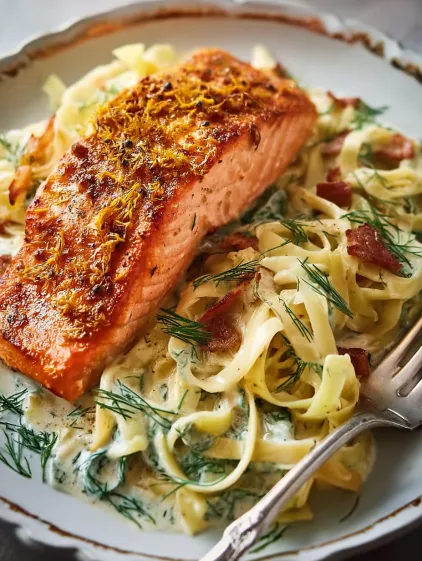A plate of food with salmon, pasta, and bacon.