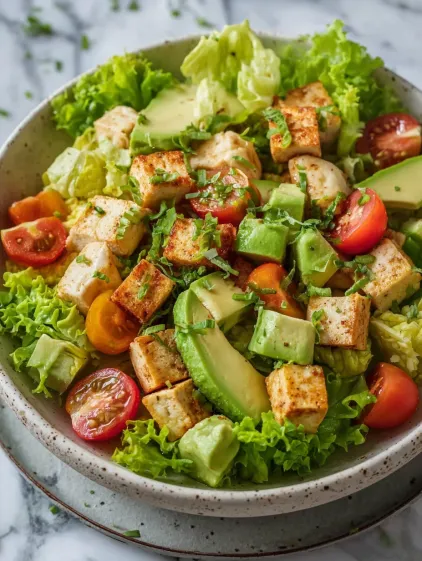 A bowl of food with tofu, lettuce, tomatoes, and avocado.
