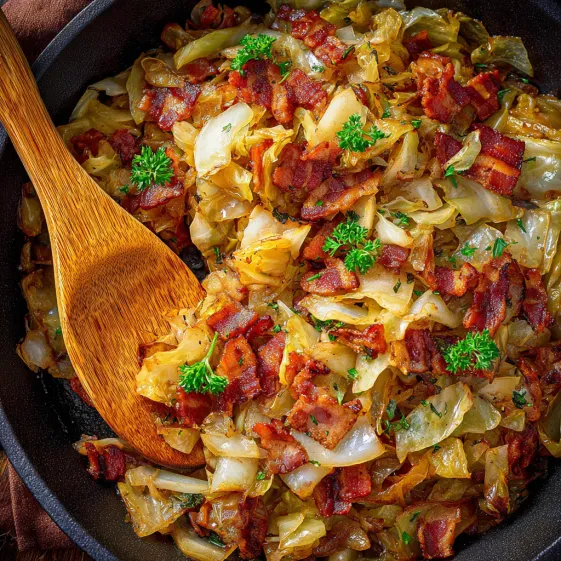 A bowl of fried cabbage with onions and bacon.