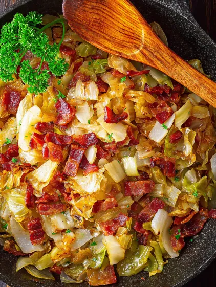 A close up of a dish of fried cabbage with onions and bacon.