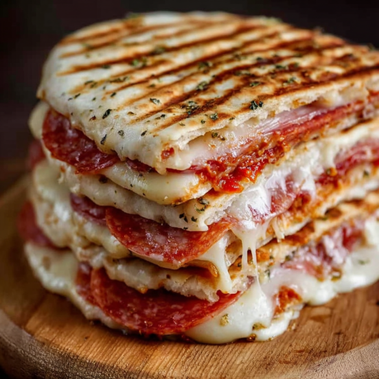A stack of grilled pizza panini.