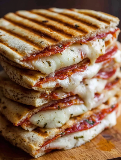 A stack of sandwiches with cheese and tomato sauce.