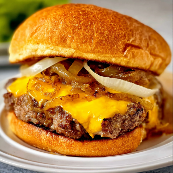 A close up of a burger with onions and cheese.