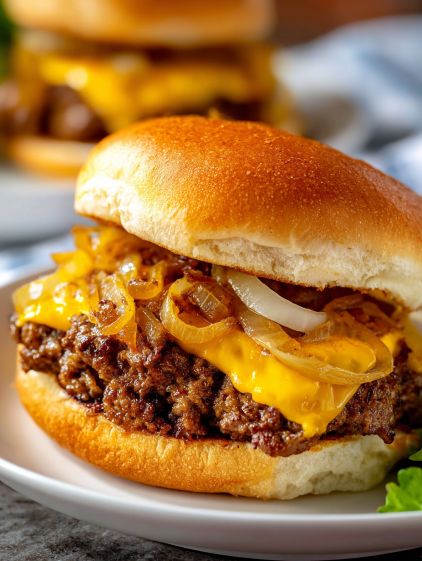 A burger with onions and cheese.