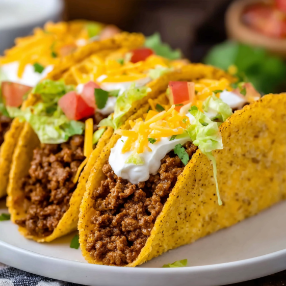 Two tacos with meat and cheese on a plate.