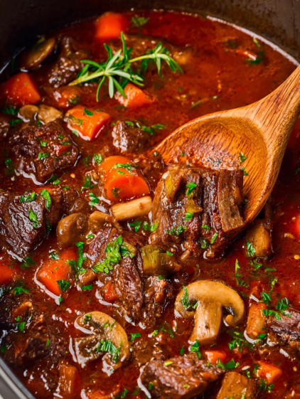 A wooden spoon in a bowl of French style braised short ribs.