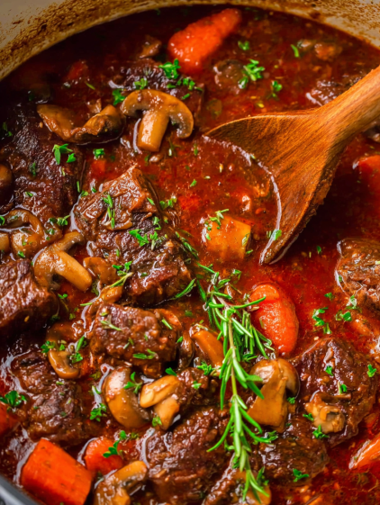 French style braised short ribs with mushrooms and herbs.