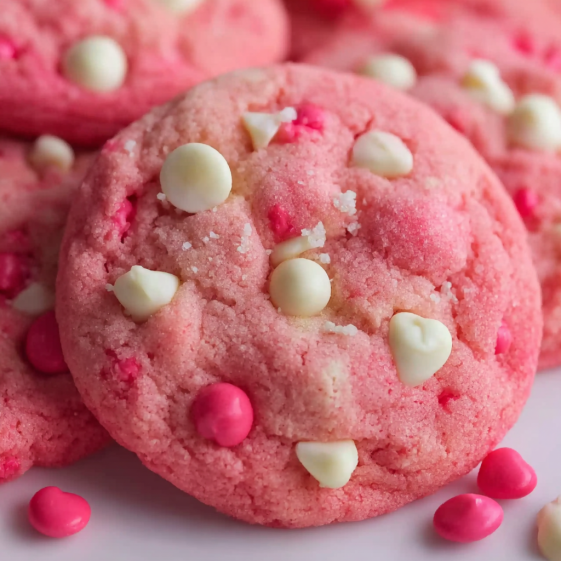 A pink and white cookie with white chocolate chips.