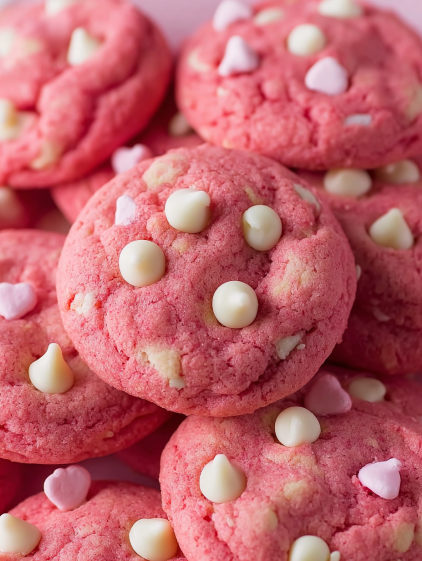 A pink cookie with white chocolate chips.