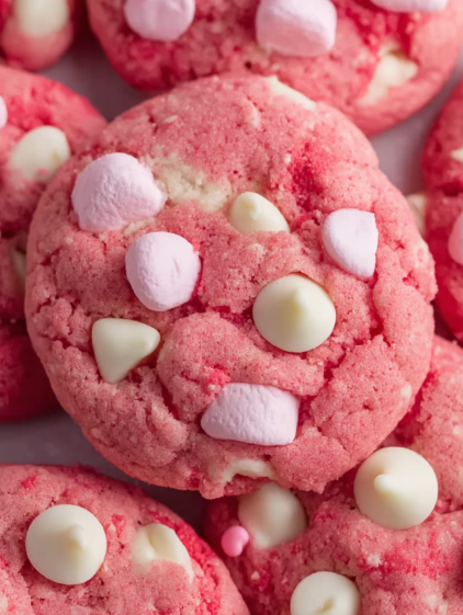 A close up of a red and white cookie.