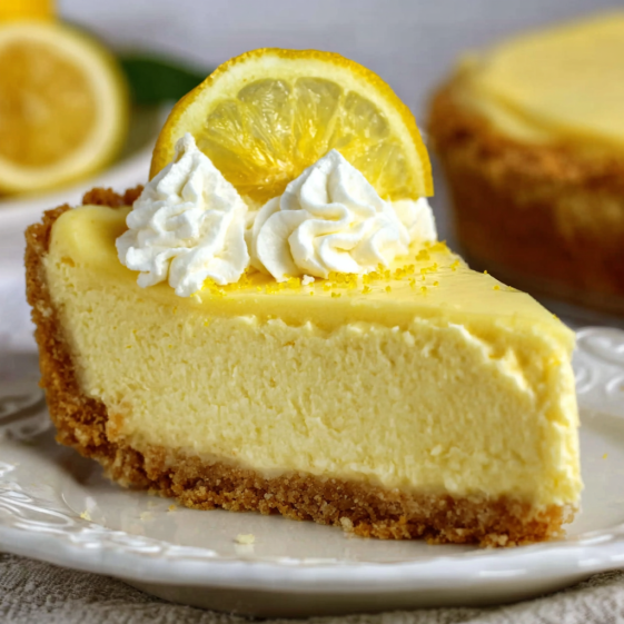 A slice of cheesecake with lemon wedges on top.