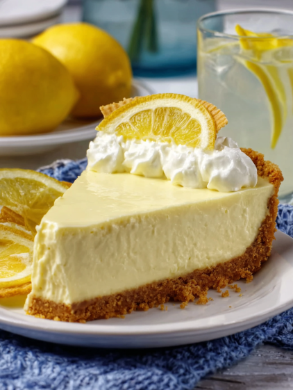 A slice of lemon cheesecake with a lemon wedge on top.