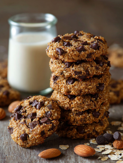 A stack of chocolate chip cookies with a glass of milk.